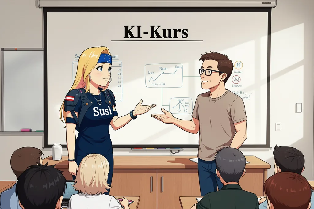Susi steht mit dem Trainer vor einer KI-Kursgruppe