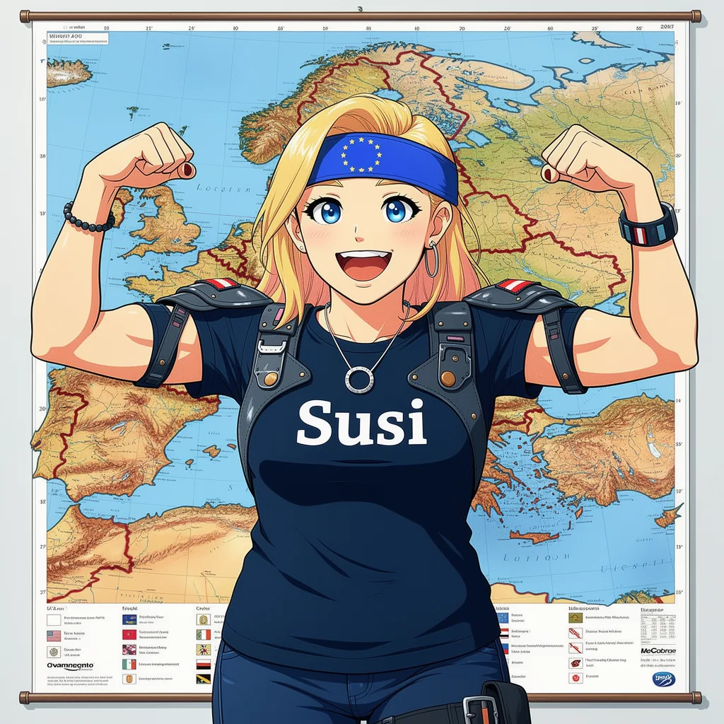 Susi zeigt vor einer Europakarte ihre Muskeln